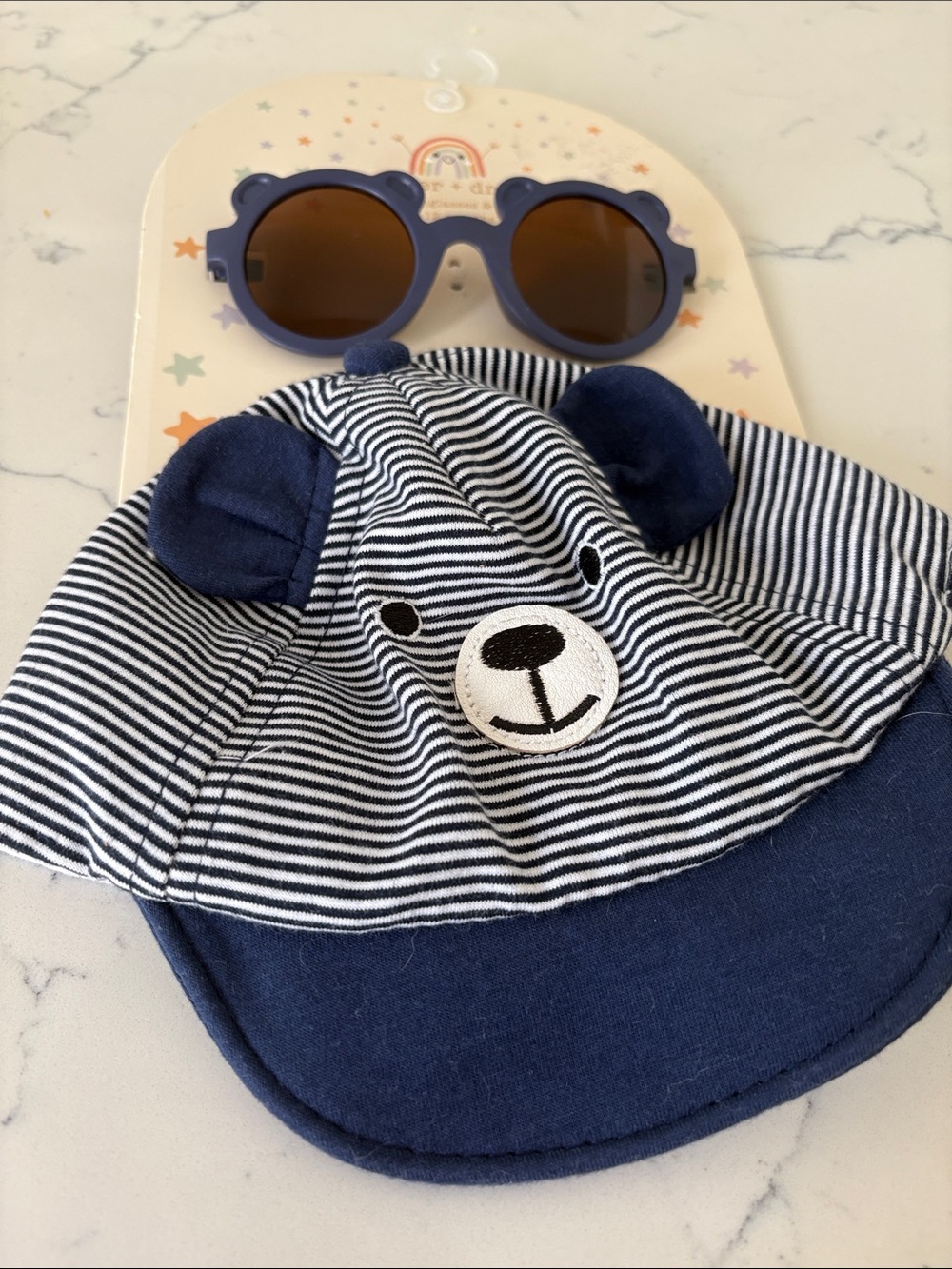 Striped Navy Bear Sun Cap with Matching Sunglasses